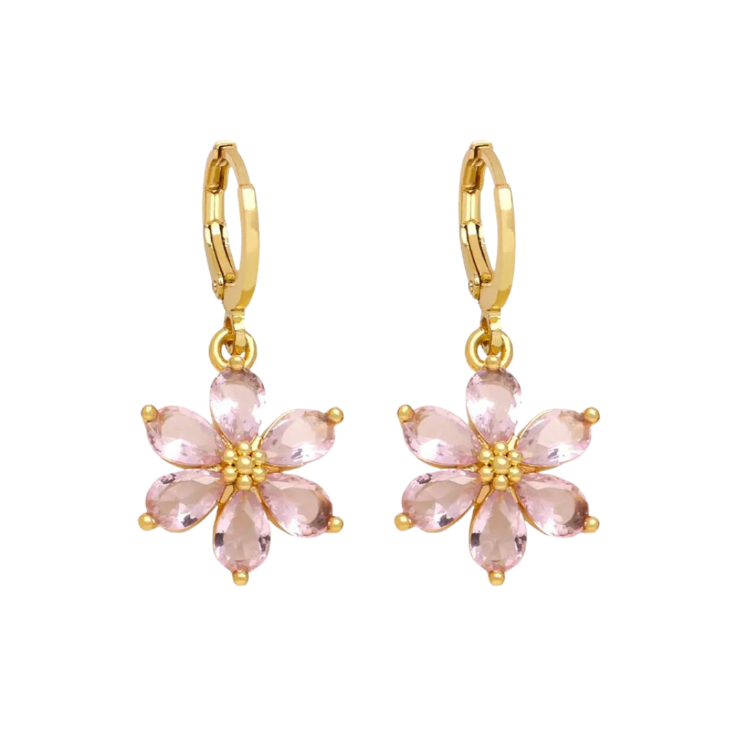 Pozlacené květinové náušnice s růžovými krystaly – Blossom Joy