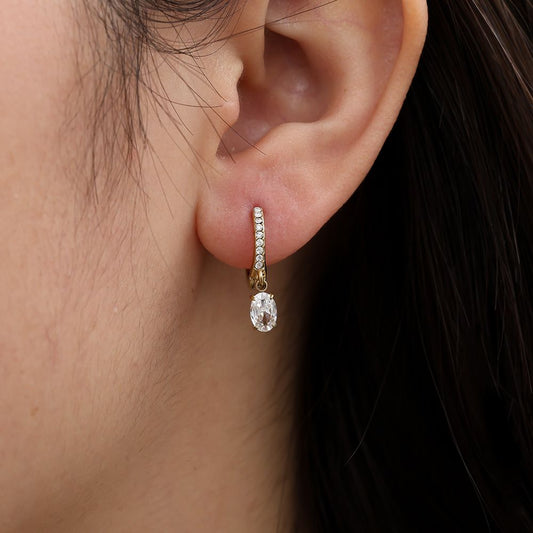 Náušnice kroužky s oválným krystalkem, pozlacené