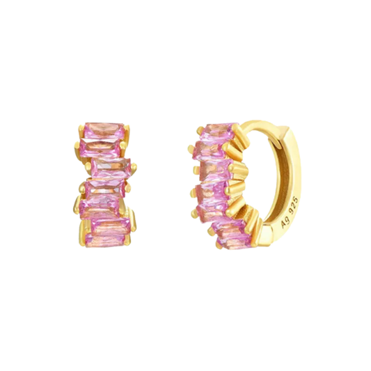 Pink Riot Hoops – pozlacené kruhové náušnice s růžovými zirkony