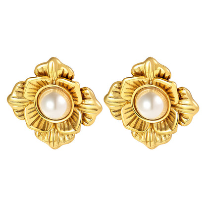 Květinové náušnice s perlou Pearl Fleur, pozlacené 18k zlatem