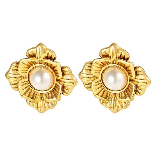 Květinové náušnice s perlou Pearl Fleur, pozlacené 18k zlatem