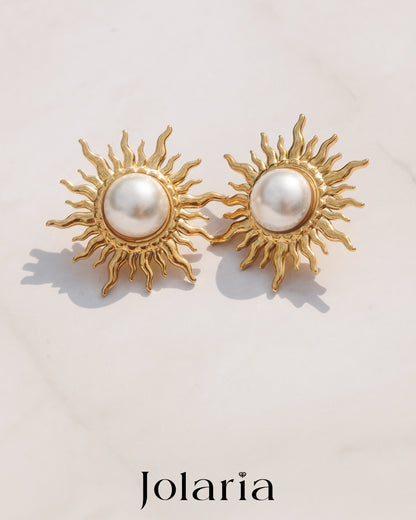Náušnice Slunce s perlou, pozlacené 18k zlatem