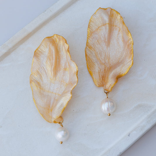 Statement náušnice s pravou perlou | Golden Bloom Pearl