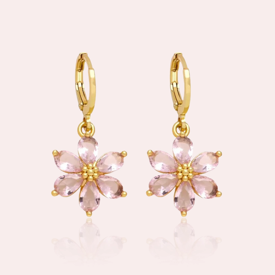 Pozlacené květinové náušnice s růžovými krystaly – Blossom Joy